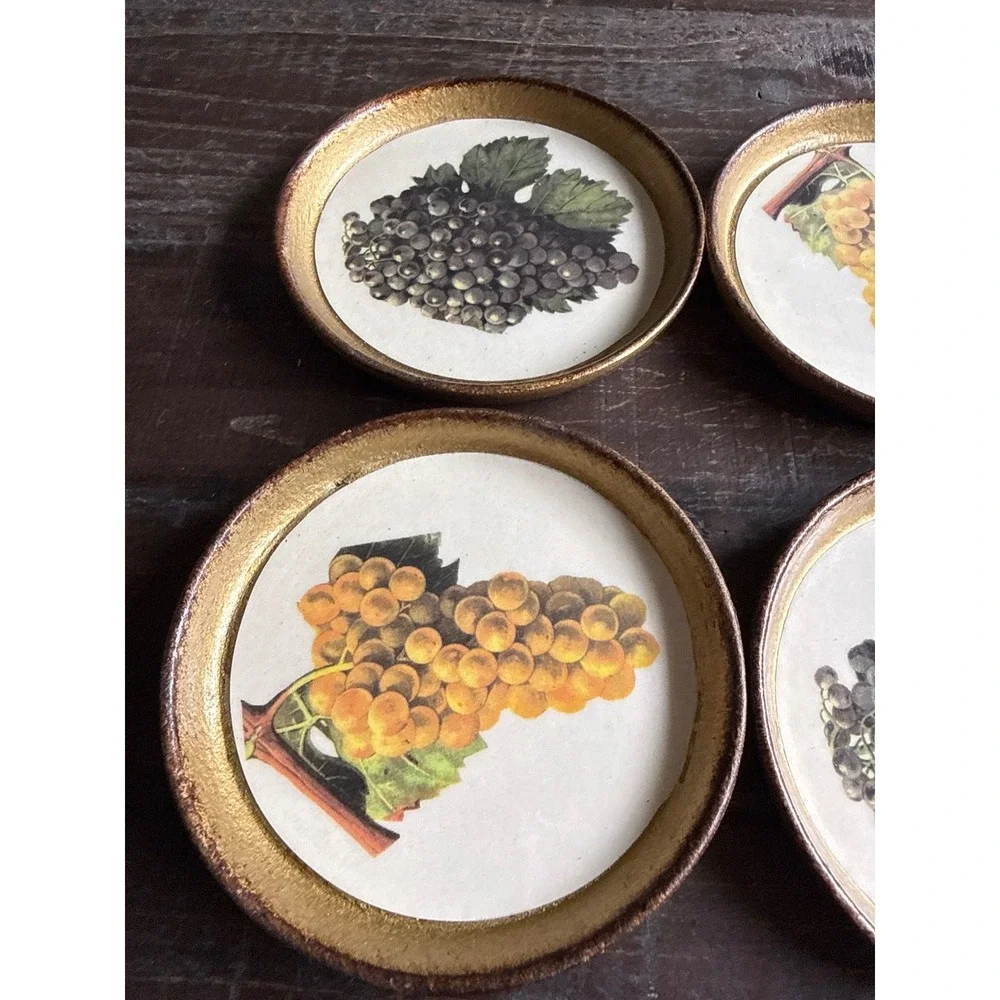 Horchow Italian Florentine Gilt Wood Grape Coasters Set of 6 Made in‎ Italy